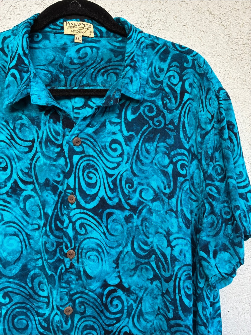 Hawaiian shirt Turquoise & Dark blue batik swirl  short sleeve button up rayon